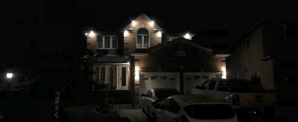 Exterior soffit lighting on a two-storey home